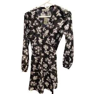 LOFT Petite 00P Black Floral Wrap Dress Long Sleeve V-Neck Lightweight New NWT